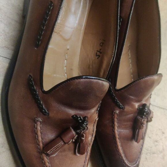 Paul Fredrick 9.5 tassel loafers blake stitch patina made in italy nailed heels